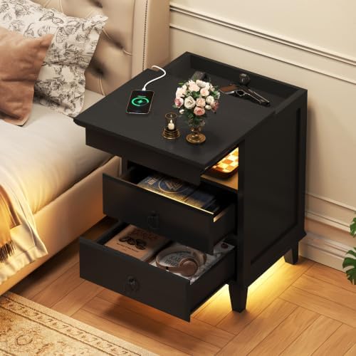 Yusong LED Night Stand with Gun Drawer, Bedside Table with Charging Station, Sofa Couch End Side Table with with 2 Drawers ＆Open Shelf for Bedroom, Black - Image 6