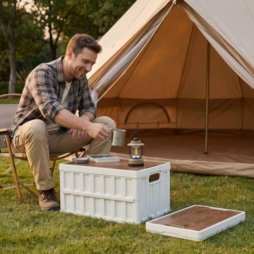 3 Pack 50L White Storage Crate Wooden Lid Foldable Bin for Garage RV Car Camping - Image 4