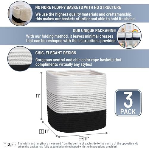 NaturalCozy Storage Cubes 11 Inch Cotton Rope Woven Baskets for Organizing, 3-Pack | Cube Storage Bin | Square Storage Baskets for Shelves Organizer, Classroom, Kids Toy Bins, Closet, Baby Nursery - Image 2