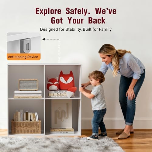 Book Shelf, Wooden Cube Storage Organizer with 11" Open Cubes, Stackable Modular Bookcase for Room Divider Storage, 2 Tier Bookshelf for Living Room, Bedroom, Office (White, 4-Cube) - Image 4