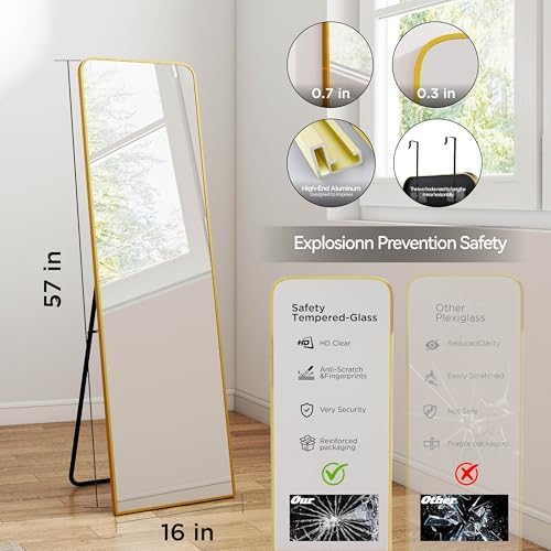 57x16" Full Length Mirror Floor Stand,Over the Door,Wall Mounted Gold - Image 4