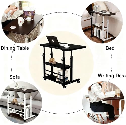 VebaCidi Medical Overbed Bedside Table with Two Shelves and Wheels (Hospital and Home Use), 31 1/2" Desk with Non Tilt Wooden Top, Adjustable Height (Black Desktop and Legs) - Image 6