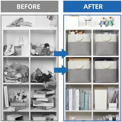 Temary Fabric Storage Baskets for Organizing, Grey Basket for Shelves, Collapsible Baskets with Handles for Shelves, Home, Closet (White&Gray) - Image 6