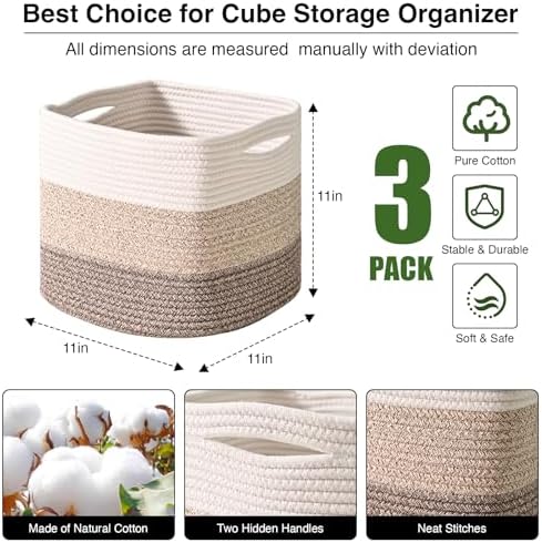ICERZCZ 11 Inch Cube Storage Bins, Storage Cube Organizer Bins, Woven Cotton Rope Baskets for Storage, Storage Basket for Organizing Shelves, Square Baskets for Toys, Gradient Brown (Pack of 3) - Image 2