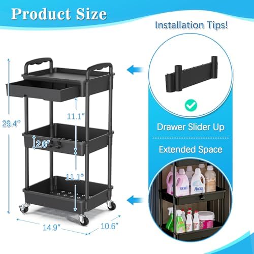 SUNALLY 3 Tier Rolling Cart with Drawer, Craft Storage Cart Organizer,Black - Image 2