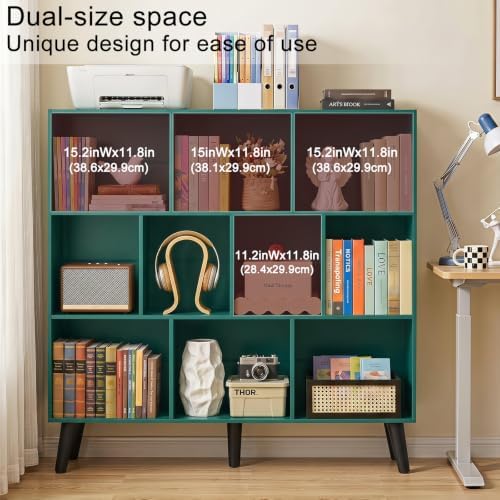 YAHARBO 10 Cube Bookshelf,3 Tier Bookcase with Legs,Dark Green Mid-Century Modern Bookshelves,Large Free Standing Open Storage Organizer Shelf,Tall Wooden Book Case Furniture for Bedroom,Living Room - Image 4