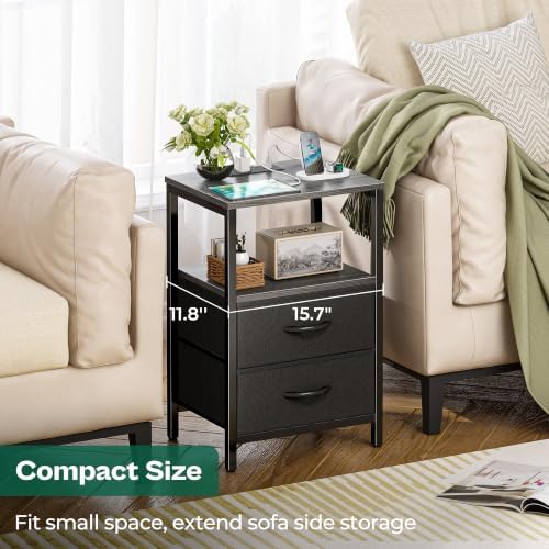 Huuger Nightstand with Charging Station, Side Table with Fabric Drawers, End Table with Open Shelf, Bedside Table with USB Ports and Outlets, Night Stand for Bedroom, Charcoal Gray - Image 5