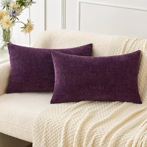 MIULEE Soft Chenille Lumbar Throw Pillow Covers Plum Purple 12x20 Inch by MIULEE