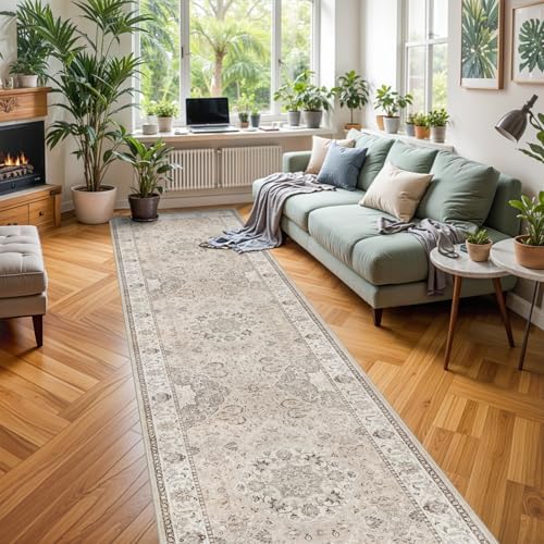 Washable 3x12 Hallway Runner Rug: Vintage Non Slip Soft Rug for Entryway Kitchen Living Room Low-Pile Water Resistant Carpet for Bathroom Nursery Thin Floor Mat for Bedroom Dining Room(Beige,3x12) - Image 6