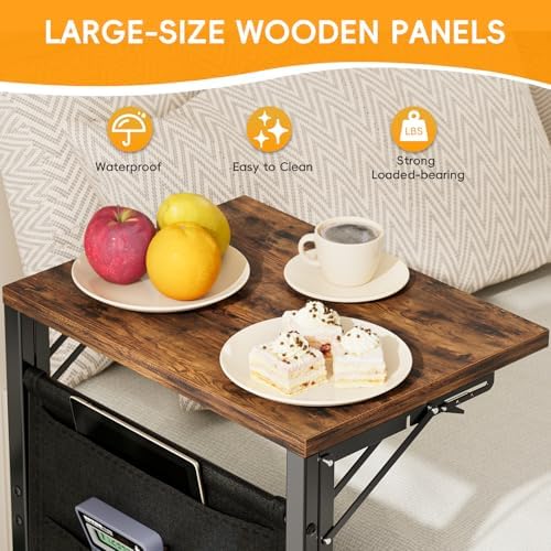 Folding TV Tray Table, 28.8" Tall C-Shaped Side Table for Couch and Bed, Slide Under Sofa Side Desk with Storage Bag - Sturdy Metal Frame Tray for Living Room, Bedroom, Home & Office (Rustic Brown) - Image 6