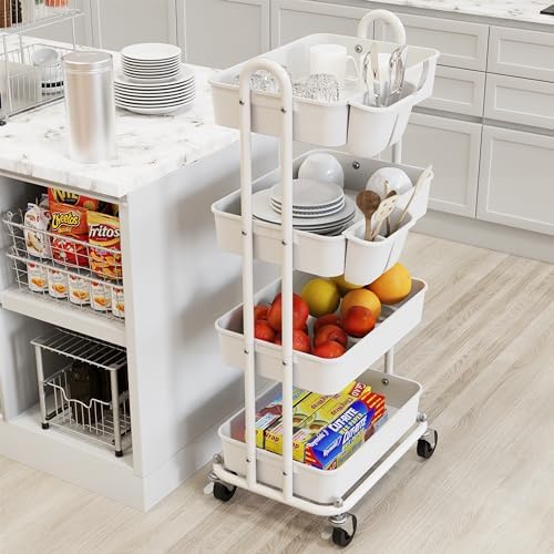 Simple Houseware 4-Tier Rolling Utility Cart with Hanging Bucket, White - Image 7