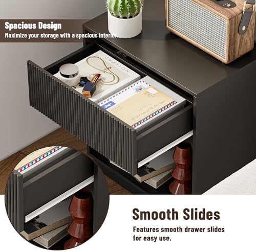 Fluted Nightstands Set of 2, Modern Bedside Table with Storage Drawer and Open Wood Shelf, Wood End Table Mid Century Night Stands for Bedroom Living Room Sofa Couch Office (Black) - Image 4