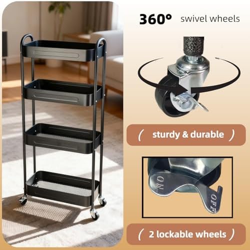 4 Tier Slim Storage Cart with Wheels for Laundry Room Between Washer and Dryer, 7.1'' Narrow Rolling Cart with Wheels and Lockable Casters, Metal Thin Standing Shelf for Small Space, Black - Image 3