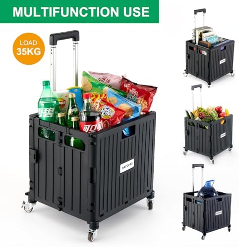 MACOPRO Folding Utility Cart Portable Rolling Crate Handcart Shopping Trolley Collapsible Tool Box, with Lid, Basket on 4 Rotate Wheels, for Grocery, Office, Luggage, Teacher (Black) - Image 2