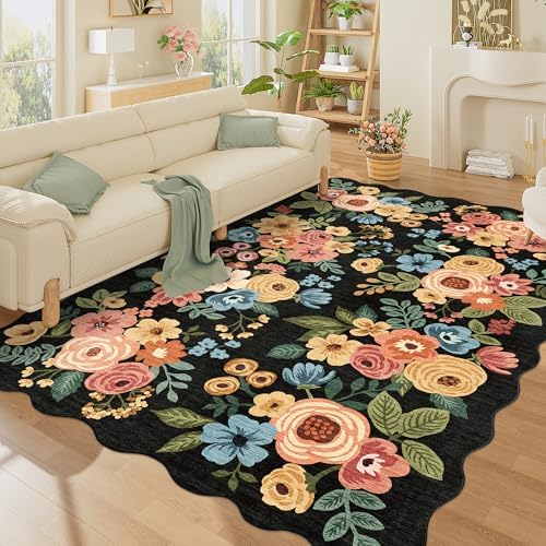 DUKINO 6x9 Area Rugs, Floral Washable Rug for Living Room Non Slip, Black by DUKINO