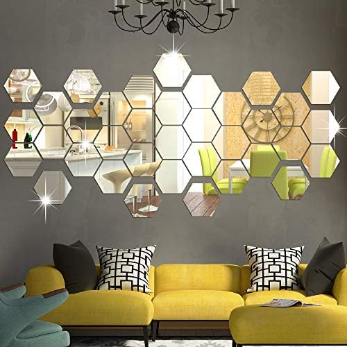 RW-103 36 PCS Acrylic Mirror Wall Stickers Hexagon Mirror Wall Decals DIY Removable 3D Geometric Hexagon Mirror Art Setting Wall Decor for Bedroom Living Room Office Kitchen Home Decoration (Silver) by RAINBOWWSK