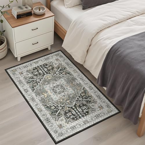 Madane Washable Area Rug 2x3 Small Entryway Rugs, Grey Green/Black Olive - Image 3