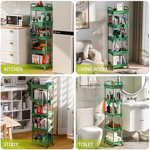 Sorgion 5 Tier Rolling Cart Organizer,Bathroom Cart Organizers with Wheels Laundry Room Organization Mobile Shelving Unit Utility Cart Storage Shelves Multi-Functional for Office, Home(Green) - Image 6