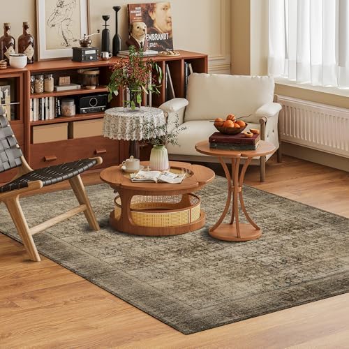 Washable Area Rug 9' x 12' Vintage Traditional Persian Mat - Foldable Distressed Non-Slip Machine Washable Carpet for Living Room Bedroom Kitchen Home Decor - Mocha and Taupe - Image 2