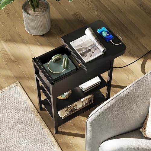 WLIVE 3-Tier End Table with Charging Station Flip Top Narrow Nightstand - Image 6