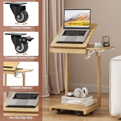 OtterOasis C Shaped End Table for Couch Rolling Side with Wheels Oak - Image 5