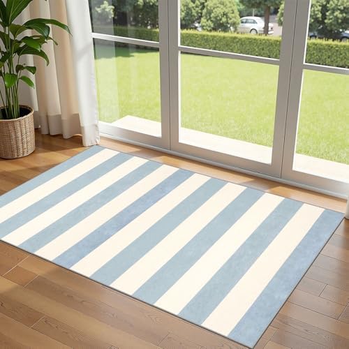 3x5 Entry Rug - Small Washable Indoor Outdoor Mats for Front Door Non-Slip Porch Rug Summer Blue White Coastal Striped Throw Rugs for Bedroom Entryway Kitchen Office Mudroom Front Porch Decor by Othilic