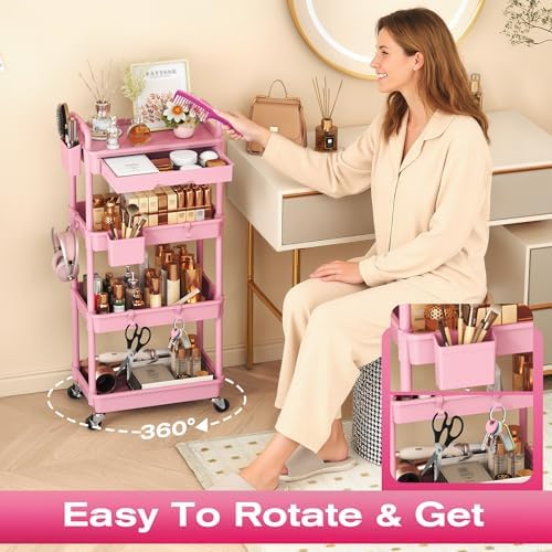 Goovilla Rolling Makeup Organizer Cart with Removable Drawer, 4 Tier Pink - Image 5