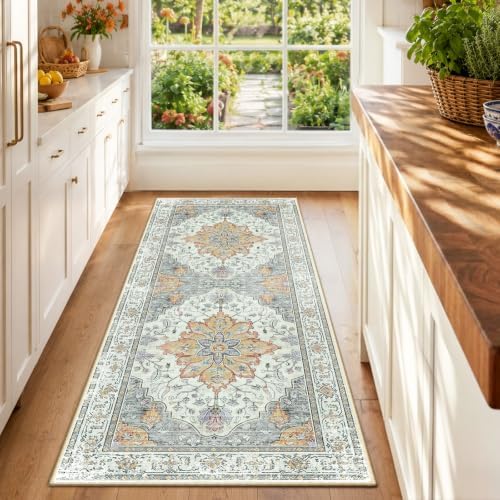 RELEANY Washable Area Rug, Runner 2'x6', Beige/Carbon Grey/Orange by RELEANY