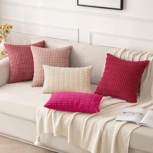 MIULEE Corduroy Decorative Throw Pillow Covers 18x18 Hot Pink Pack of 2 - Image 4