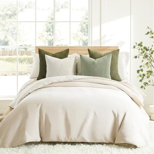 Topfinel Boho Farmhouse Green White Throw Pillow Covers 16x16 Inch Set of 4 Mordern Nordic Cushion Covers Soft Corduroy Spring Home Decor for Couch Bed Sofa Living Room Forest Green - Image 4