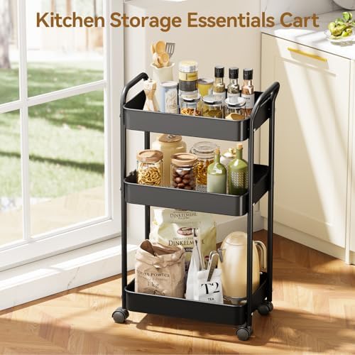YASONIC 3-Tier Metal Rolling Cart Utility Carts with Wheels Black - Image 7