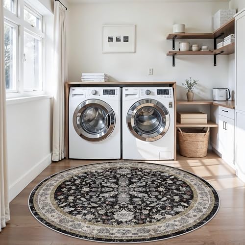 6ft Round Kitchen Rug Washable - Non-Slip Soft Low Pile Circle Area Rug for Under Table Living Room Dining Room Bedroom – Boho Floral Circular Floor Indoor Carpe (Black,6x6) - Image 5