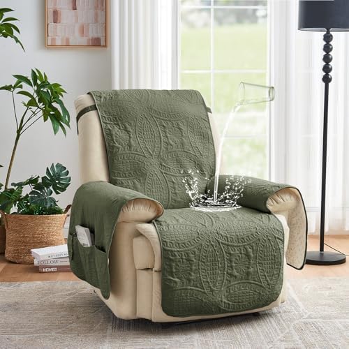 Green Recliner TV Chair Covers, Quilted Décor Water-Repellent Medium Lazy Boy Chair Covers, Pet Friendly Recliner Slipovers for Dogs Cats, Washable Recliner Cover (Recliner 26", Olive Green) - Image 2