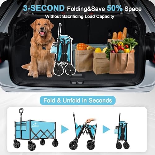 AMNOW 100L Collapsible Wagon Cart with All Terrain Wheels, 350LBS, Blue - Image 7