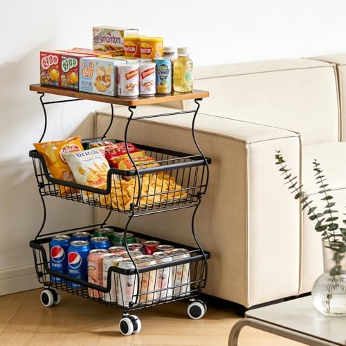 Kitchen Storage Cart on Wheels, 3 Tier Rolling Stackable Pantry Floor Organizer, Kitchen Fruit Basket Stand for Home Removable Metal Vegetable Rack Wire Snack Cart - Image 6