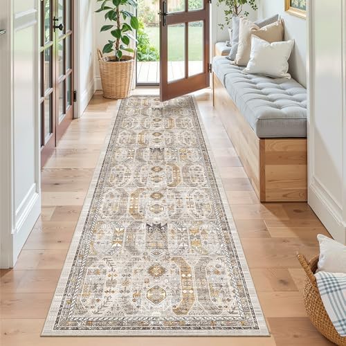 Madane Hallway Runner Rug 2x8 Washable Kitchen Rugs Non-Slip, Brown/Gold - Image 3
