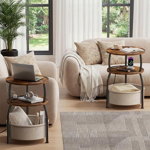 Round Side Table with Charging Station, USB Type C Port, Brown - Image 2