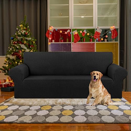 KEKUOU Stretch Couch Covers for Sofa, 3 Cushion Couch Slipcover,Black - Image 2