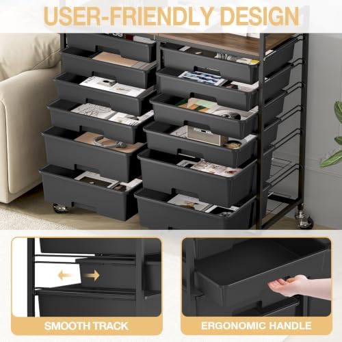TOOLF 12 Drawers Rolling Storage Cart with Wooden Top for Classroom, Black - Image 7