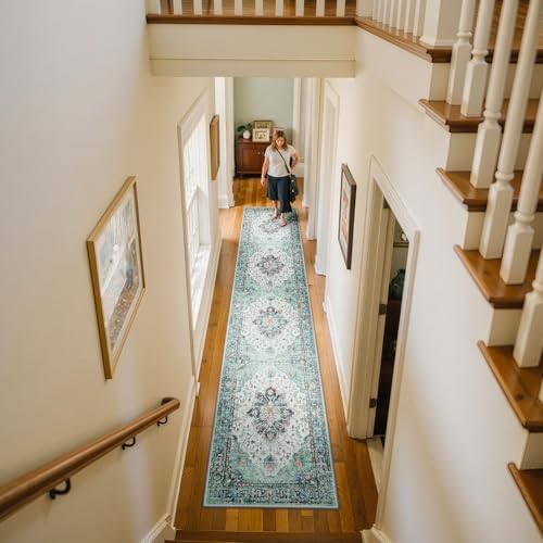RELEANY Washable Area Rug, Runner 2'x10', Teal Green/White/Navy - Image 2
