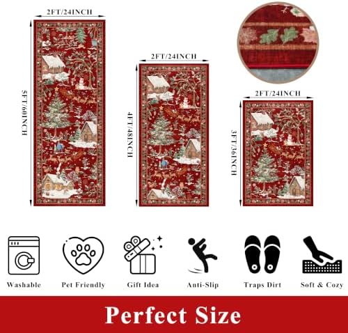 3-Piece Christmas Rug Set for Kitchen: Red Washable Throw Kitchen Mat Low Pile Soft Non-Slip with Rubber Backing for Sink Floor Mat ＆Holiday, Hallway, Entryway - Image 2