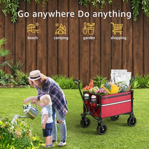 ROSONG Collapsible Wagon Cart with Wheels Foldable - Folding Utility Heavy Duty Wagons Carts for Grocery Sports Garden Shopping Camping Wheelbarrows, Burgundy - Image 2
