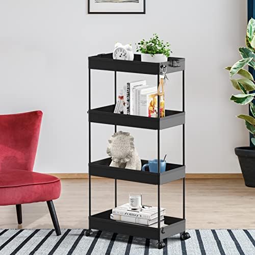 SPACELEAD 4 Tier Rolling Cart with Wheels, Storage Craft Art Trolley Organizer Serving, 3 Hanging Baskets Easy Assembly, for Office, Living Room, Kitchen - Image 5