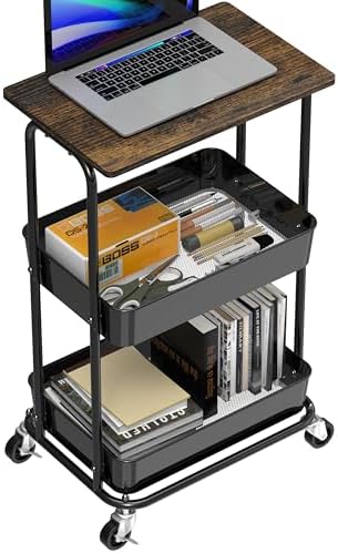 Simple Houseware 2-Tier Utility Cart Wood Top/Lockable Wheel, Rustic Brown - Image 4