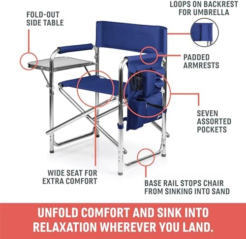 Picnic TIME Sports Chair with Side Table and Armrest Caddy, Lightweight Aluminum Folding Outdoor Camping Chair for Adults, Portable Director Style Lawn Seating with Pockets & Carry Strap, (Navy Blue) - Image 6