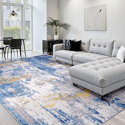 RELEANY Washable 10'x14' Abstract Area Rug for Living Room Blue Gold by RELEANY