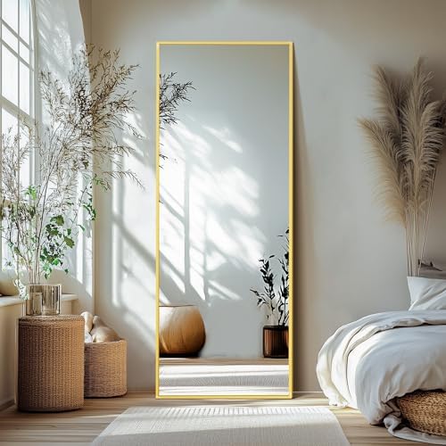 Delma Full Length Mirror with Stand, 69x24 Gold Floor Mirror by Delma