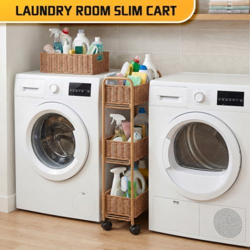 FOCHIER F Utility Slim Storage Cart,3-Tier Rolling Kitchen Office Laundry Room Cart,Mobile Shelving Unit Organizer for Living Room Bathroom Baby Diaper Narrow Places (Natural, 3 Tiers-7.1 inch (W)) - Image 6