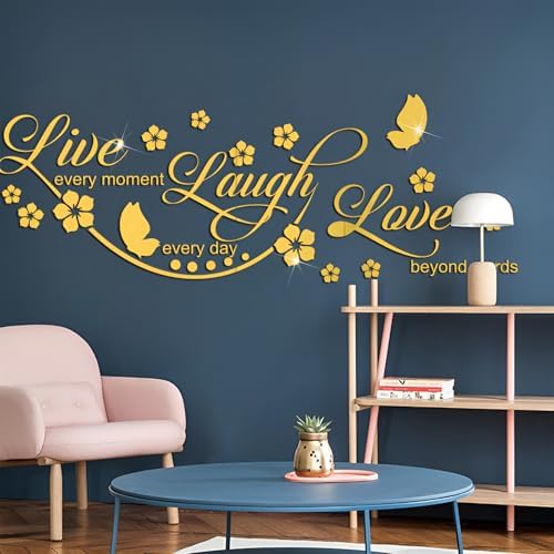 Live Laugh Love Mirror Decal, Inspirational Wall Stencils Peel and Stick Quotes, Decorative Wall Stickers Decor Living Room, Motivational Sayings Words for Bedroom Home Wall Art, Gold - Image 3