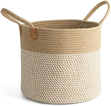 CHICVITA Wicker Storage Basket with Leather Handles, 14" x 12", White by CHICVITA